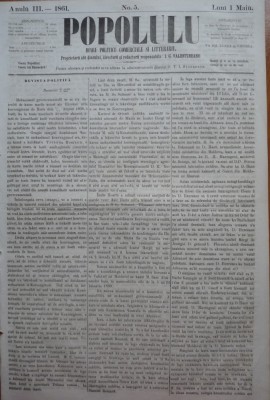 Poporul , ziar politic , comercial si literar , an 3 , nr. 5 , 1861 foto