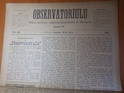 ziarul obsevatoriulu iulie 1883-ziar politic,national economic si literar,sibiu foto