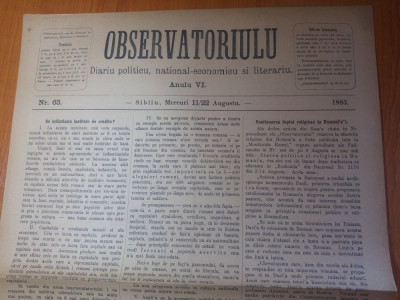 ziarul obsevatoriulu august 1883-ziar politic,national economic si literar,sibiu foto