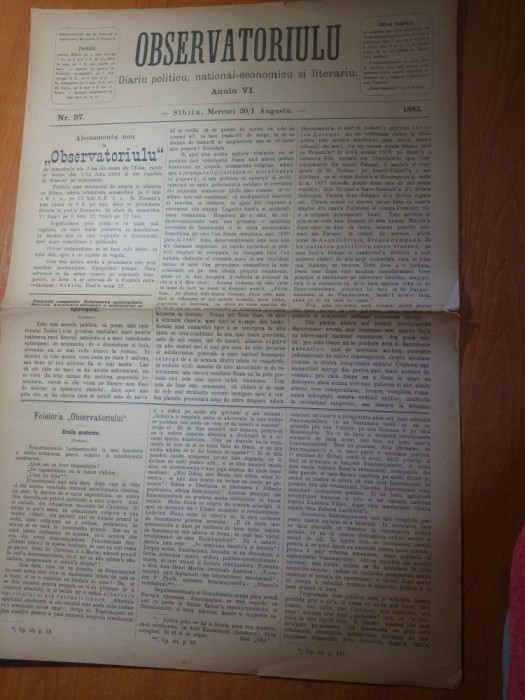ziarul obsevatoriulu august 1883-ziar politic,national economic si literar,sibiu
