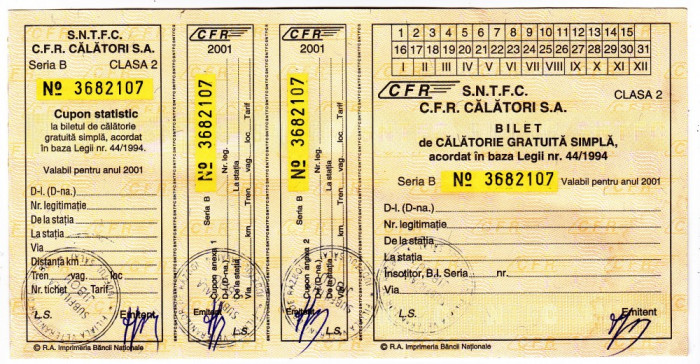 Bilet calatorie gratuita 2001 CFR nefolosit legea 44/1994 veteranii de razboi