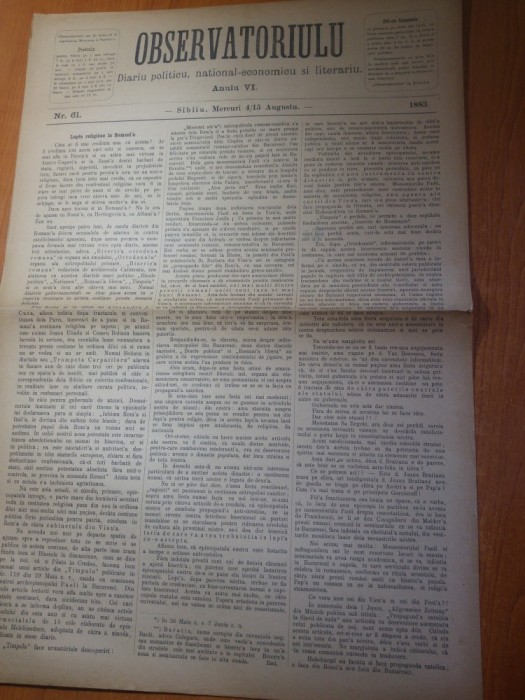 ziarul obsevatoriulu august 1883-ziar politic,national economic si literar,sibiu