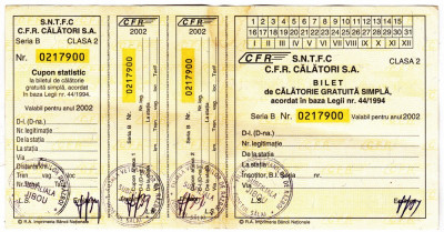 Bilet calatorie gratuita 2002 CFR nefolosit legea 44/1994 veteranii de razboi foto