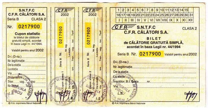 Bilet calatorie gratuita 2002 CFR nefolosit legea 44/1994 veteranii de razboi