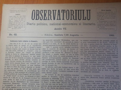 ziarul obsevatoriulu august 1883-ziar politic,national economic si literar,sibiu foto