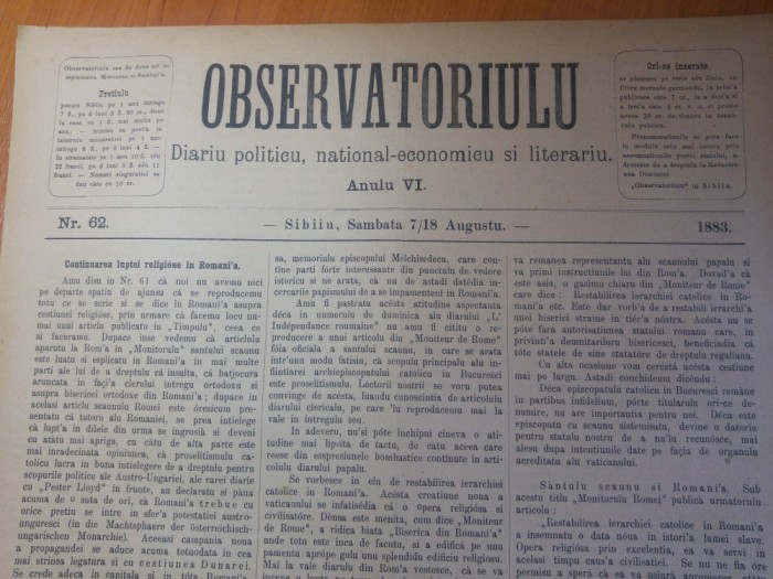 ziarul obsevatoriulu august 1883-ziar politic,national economic si literar,sibiu