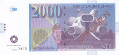 Bancnota Macedonia 2.000 Dinari 2013 - SPECIMEN ( proba pe hartie cu filigran ) foto