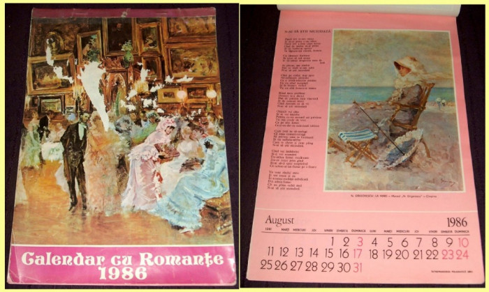 1986 Calendar cu Romante, 12 file format 34 x 24 cm, calendare de perete