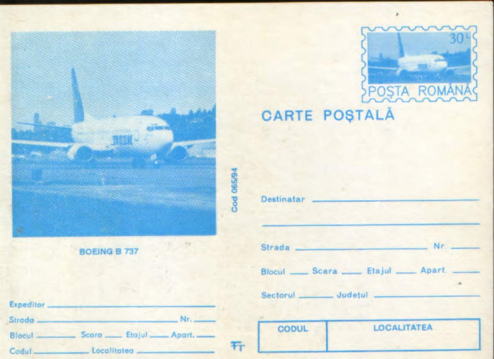 Intreg postal CP 1994,necirculat - Avionul de calatori Boeing B 737
