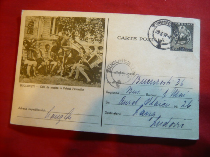 Carte Postala ilustrata-Cercul de Muzica -Palatul Pionierilor ,circulat1957