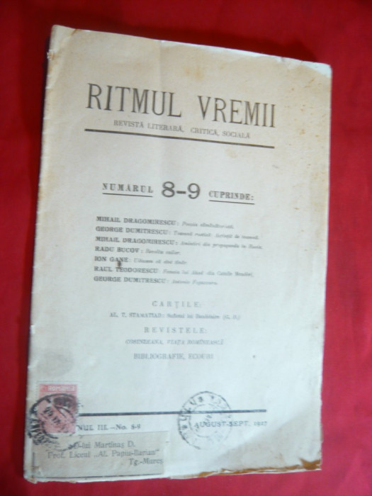 Revista Ritmul Vremii nr.8-9 aug.-sept. 1927 ,circulat efectiv prin posta cu 25b