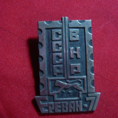 Insigna Expozitia Filatelica URSS -Ungaria la Erevan 1977 , metal si email ,4,2c