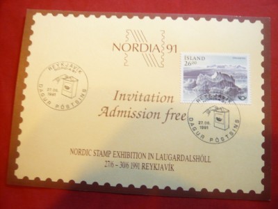 Invitatie la Expozitia Nordia&amp;#039;91 la Reykavik circulat cu timbru 26 kr foto