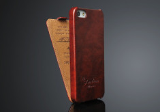 Husa protectie piele fina vintage iPhone SE/5 / 5S lux, flip cover, MARO CONIAC foto