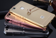 Husa Capac Bumper Aluminiu HUAWEI P9 Lite + Capac Mirror Gold / Black / Rose Red foto