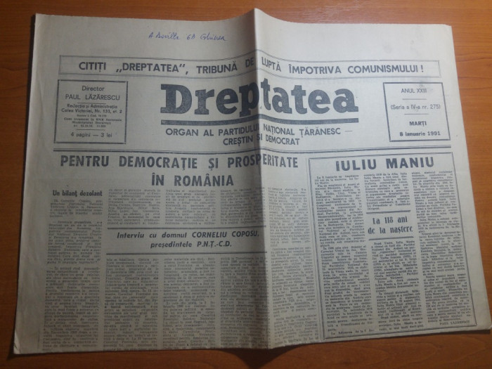 ziarul dreptatea 8 ianuarie 1991-art. 118 ani de la nasterea lui iuliu maniu