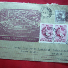 Plic ilustrat Stadionul 23 August cu pereche 55 bani -40 Ani 1918 ,circulat1959