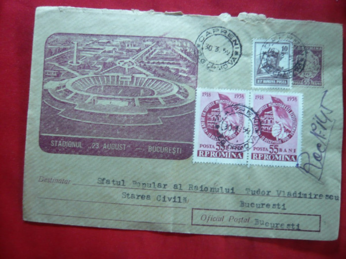 Plic ilustrat Stadionul 23 August cu pereche 55 bani -40 Ani 1918 ,circulat1959