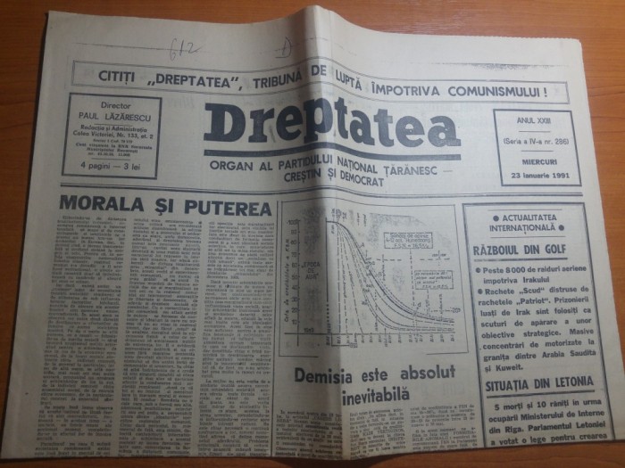 ziarul dreptatea 23 ianuarie 1991-razboiul din golf,si art.&quot; morala si puterea&quot;