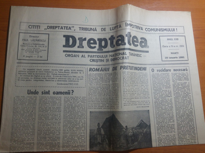 ziarul dreptatea 29 ianuarie 1991-articolul &quot; romanii de pretutindeni &quot;