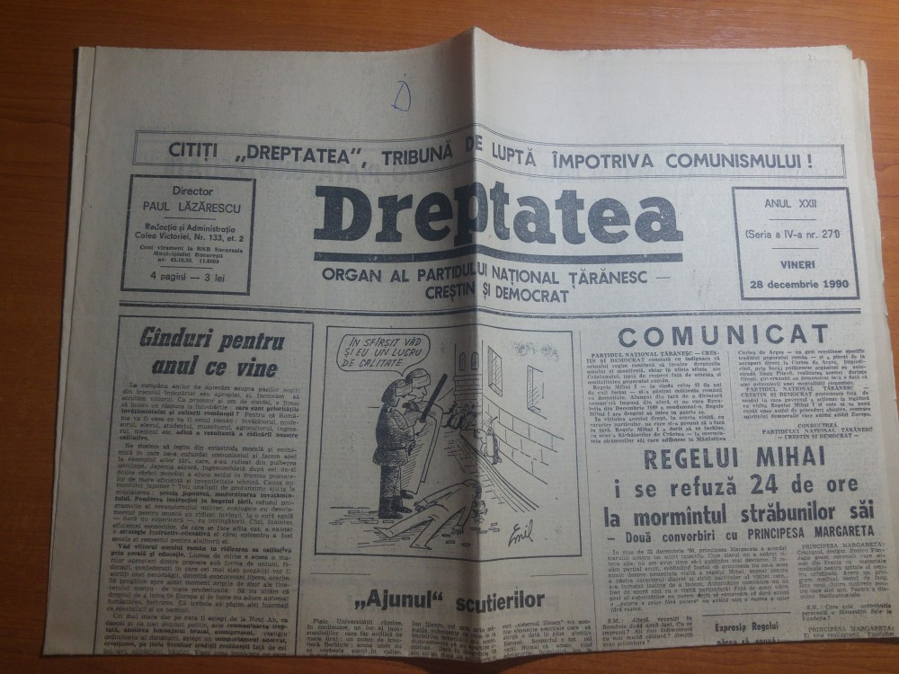 Ziarul dreptatea 28 decembrie 1990-regelui mihai i se interzice intrarea in  tara | Okazii.ro