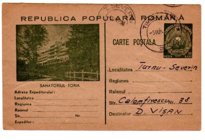 CARTE POSTALA MARCA FIXA 30 BANI SANATORIUL TORIA 1953 intreg postal foto