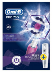 Periuta de dinti electrica Oral-B PRO 750 3D White + Travel Case, reincarcabila, curatare 3D, 1 program, 1 capat, Alb/Roz, suport de calatorie inclus foto