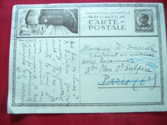 Carte Postala ilustrata - Salina Uioara circulat 1936 Paris cu Carol II fixa