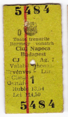 Bilet tren clasa I.international CFR+MAV bilingv Cluj Budapest 14 NOE 1990 foto