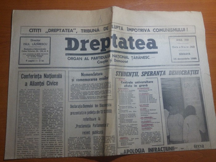 ziarul dreptatea 15 decembrie 1990--studentii,speranta democratiei foto mare ziarul dreptatea 15 decembrie 1990--studentii,speranta democratiei foto mare