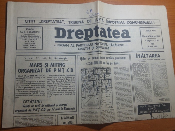 ziarul dreptatea 17 mai 1991-mars si miting organizat de PNTCD foto mare ziarul dreptatea 17 mai 1991-mars si miting organizat de PNTCD foto mare