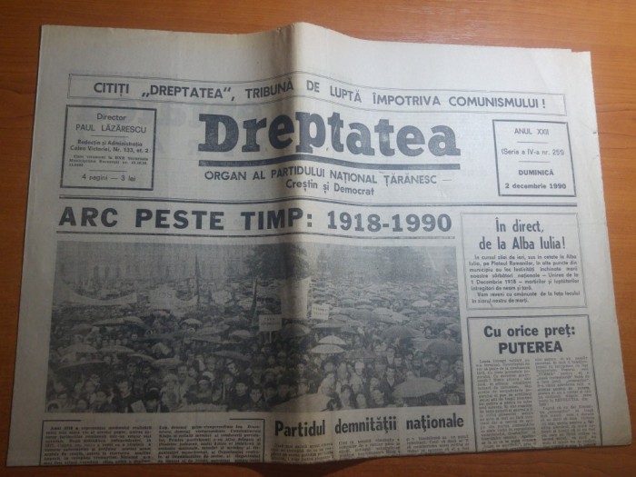 ziarul dreptatea 2 decembrie 1990--art. despre marea unire de la 1918