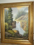 Ulei pe panza peisaj montan,cascada cu o rama din lemn foitata