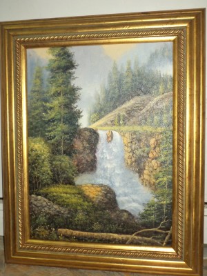 Ulei pe panza peisaj montan,cascada cu o rama din lemn foitata foto