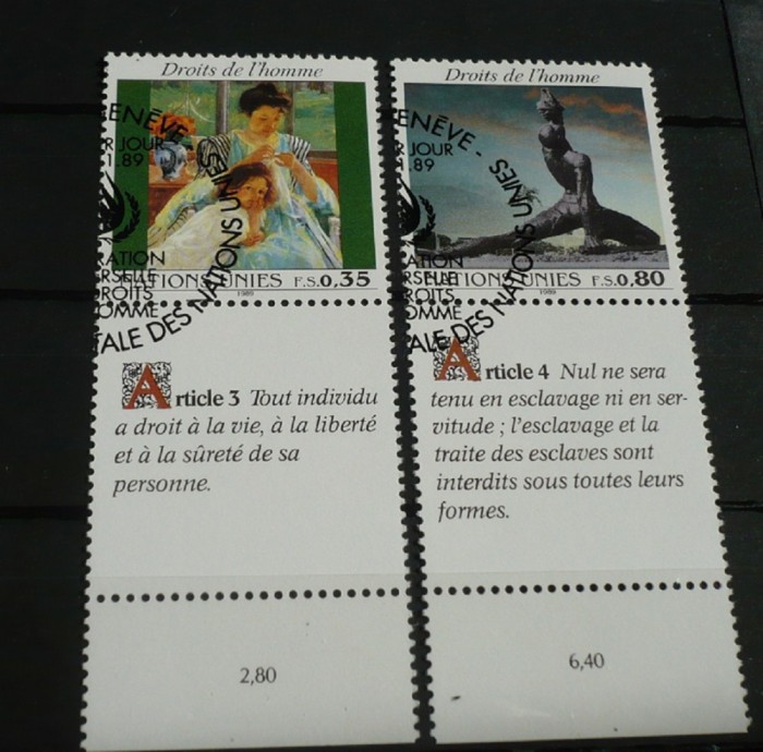 ONU GENEVA 1989 &ndash; ARTICOLELE 3 si 4 DREPTURILE OMULUI, serie uzata, A29