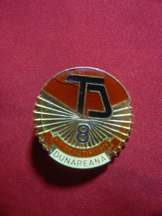 Insigna -8 Ani-Intreprinderea Textila Dunareana Giurgiu, metal si email , h=3cm