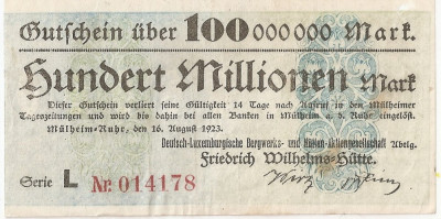 Luxemburg Notgeld 100000000 Mark Mulheim 1923 U foto