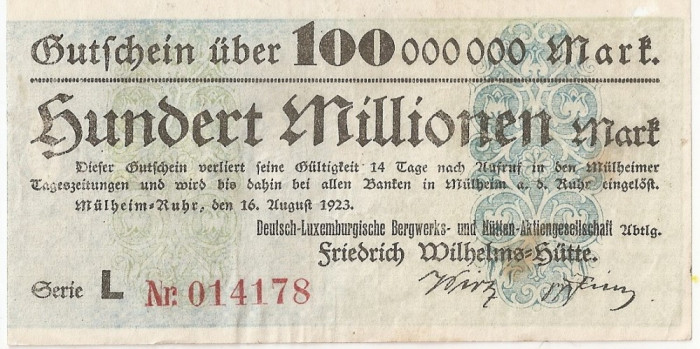 Luxemburg Notgeld 100000000 Mark Mulheim 1923 U