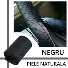 Husa volan din PIELE NEAGRA, diametru 37 - 39 cm, cu ac si ata (se coase, aspect ORIGINAL) foto