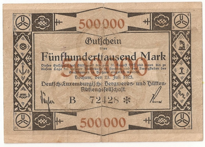 Luxemburg Notgeld 500000 Mark Bochum Deutsch Luxembourgische 1923 F