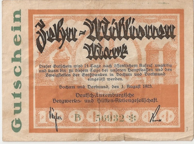 Luxemburg Notgeld 10000000 Mark Bochum Deutsch Luxembourgische 1923 F foto