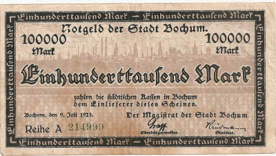Luxemburg Notgeld 100000 Mark Bochum 1923 F foto