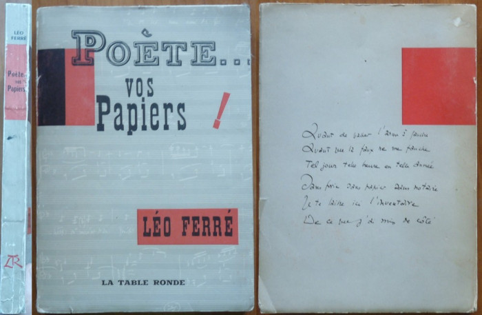 Leo Ferre , Poete .. vos papiers ! , 1956 , ed. 1 , ex. 28 / 30 , cu autograf