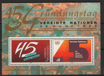 TIMBRE 137g, ONU, VIENA, 1990, ANIVERSAREA 45 ANI ONU, MINISHEET. foto