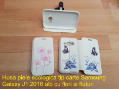 Husa piele ecologica tip carte Samsung Galaxy J1.2016 alb cu flori si fluturi foto