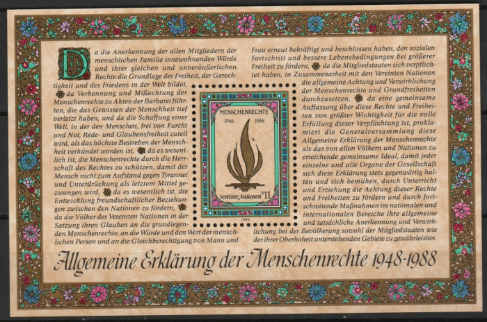 TIMBRE 137e, ONU, VIENA, 1988, ANIVERSAREA 40 ANI DREPTURILE OMULUI, MINISHEET.