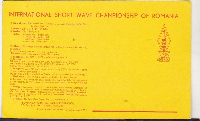 bnk cp Carte postala QSL - Campionatele internationale ale Romaniei unde scurte