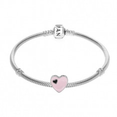 Bratara model PANDORA + 1 charm inima alb roz mov cadou - placat argint foto