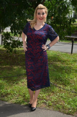 Rochie fashion de gala, dantela bleumarin cu captuseala rosie (Culoare: BLEUMARIN-ROSU, Marime: 54) foto