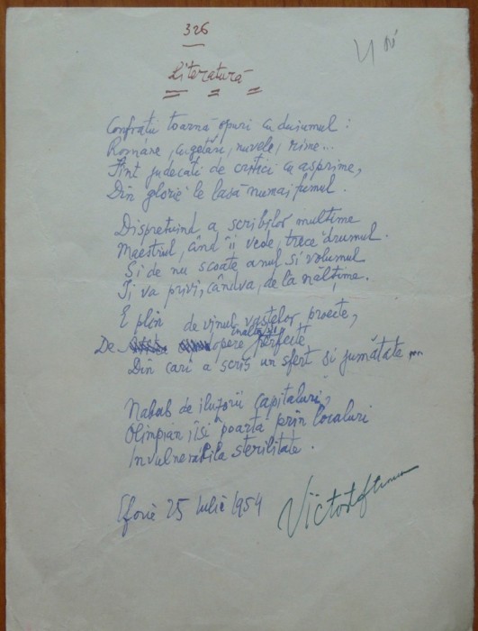 Poezie in manuscris, Victor Eftimiu; Literatura, 1954